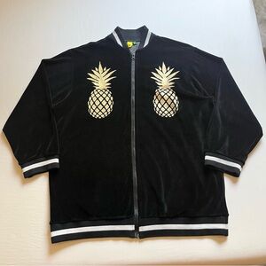 FARM RIO black knit suede velvet pineapple fruit gold metallic graphic bomber